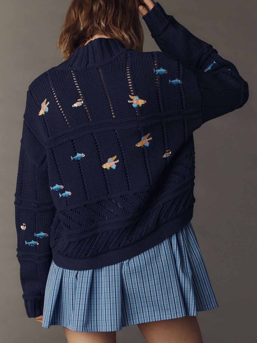 Maeve Anthropologie Embroidered Icons Cardigan Sweater- Navy Fish - Picture 2 of 9